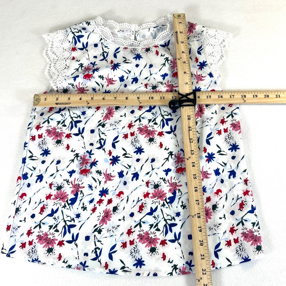 SHEIN Floral Print Lace Trim Blouse Women's Size S White Pink‎ Blue Short Sleeve - Picture 8 of 9